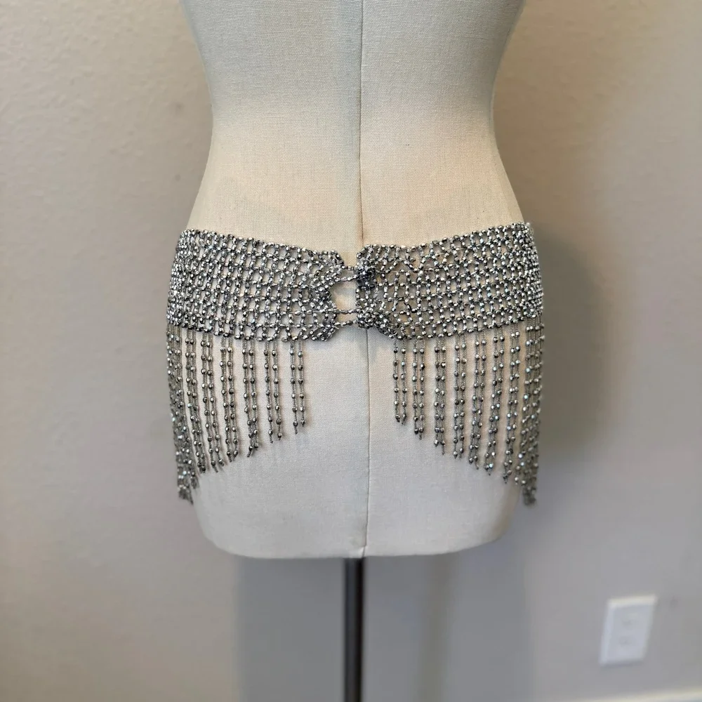 Silver Beaded Fringe Hip Belt Festival Rave Skirt Overlay Statement Accessory